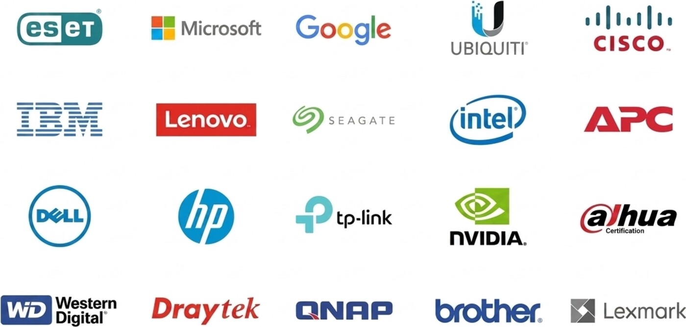 Marcas oficiales que trabaja Dotcom Sistemas: ESET, Microsoft, Google, Ubiquiti, Cisco, IBM, Lenovo, Seagate, Intel, APC, Dell, HP, TP-Link, NVIDIA, Dahua, Western Digital, Draytek, QNAP, Brother y Lexmark