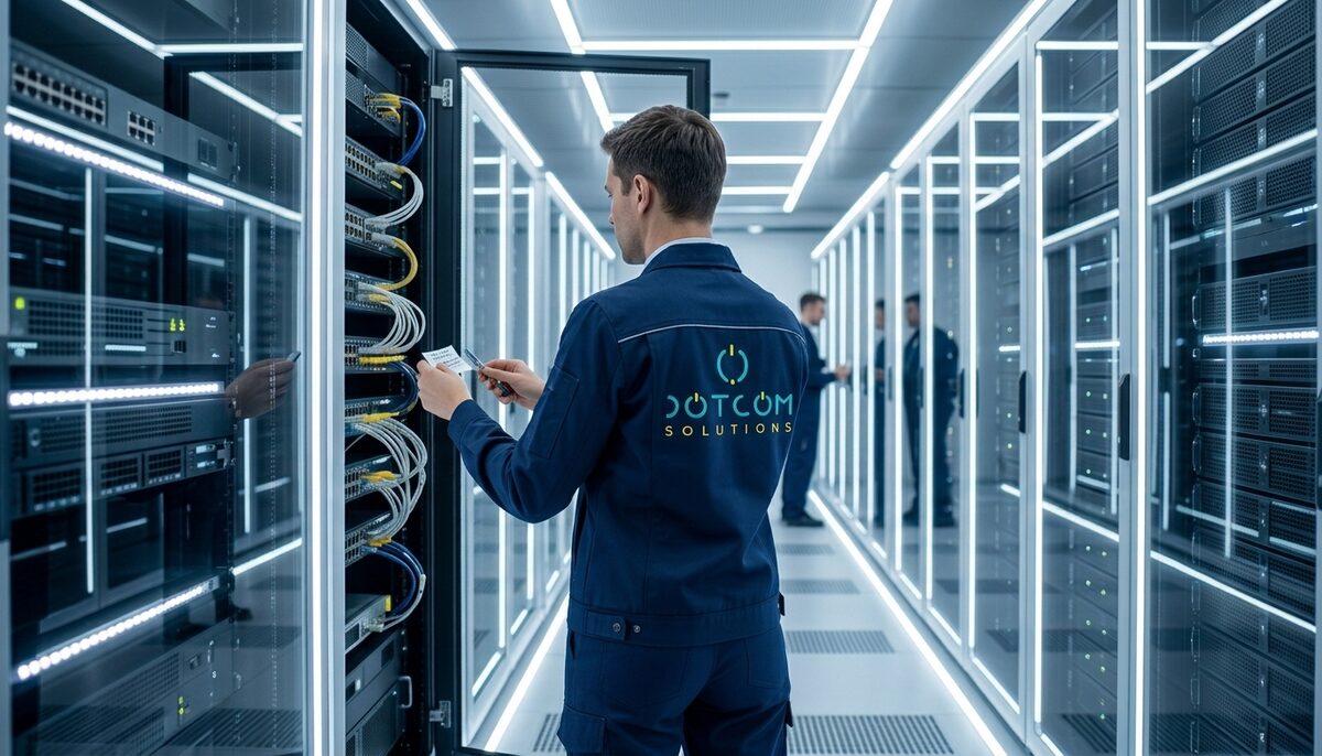 Técnico de Dotcom Sistemas trabajando en una sala de racks y servidores