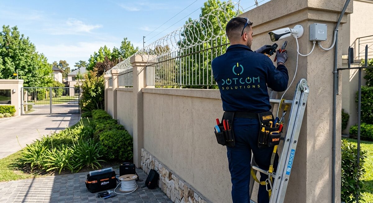 Técnico de Dotcom Sistemas instalando una cámara de seguridad en un perímetro