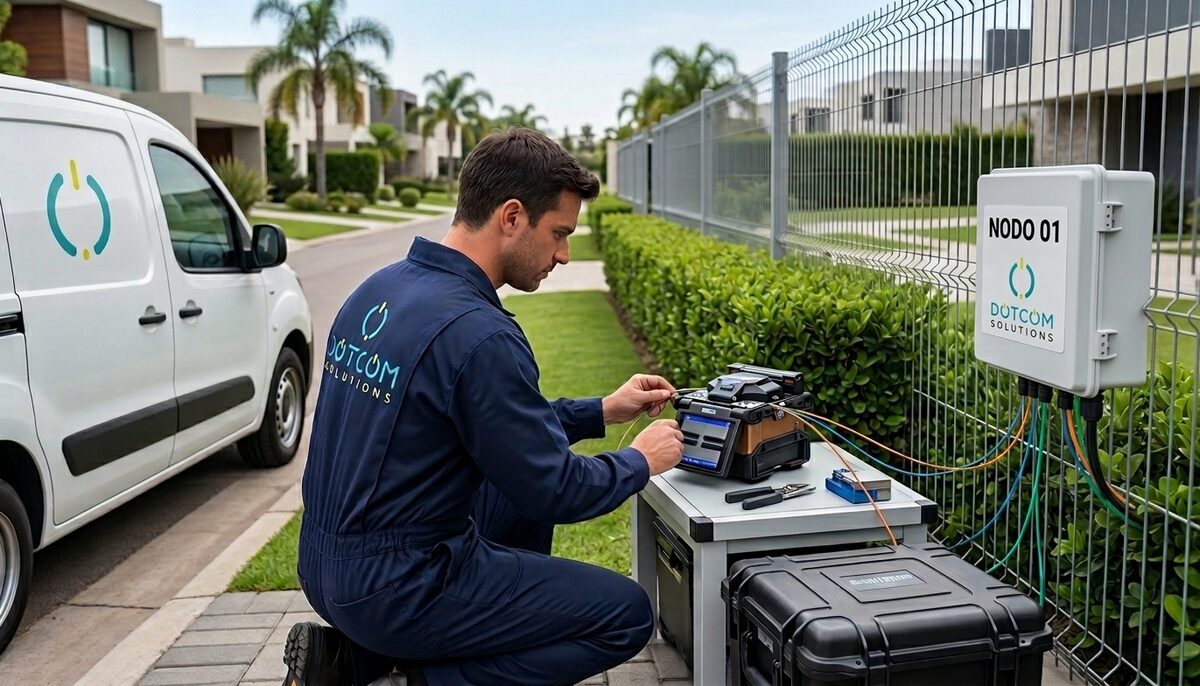 Técnico de Dotcom Sistemas realizando una fusión de fibra óptica en un nodo exterior
